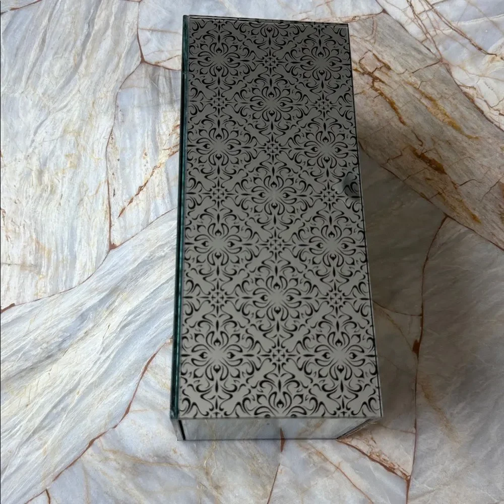 Mirrored Damask Filigree Glass Vase Rectangular Column Silver Black 10 Inch